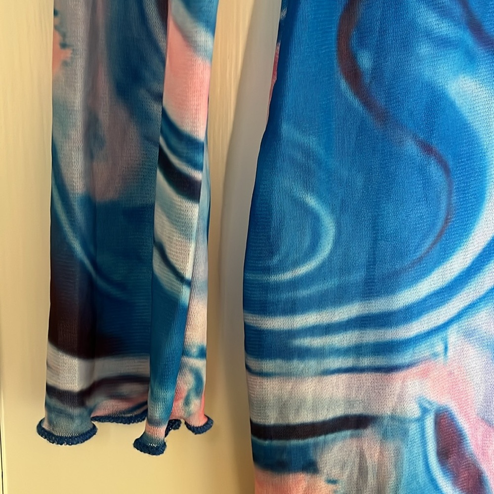 Tie-Dye Maxi Dress Sheer Mesh Swimsuit Coverup Size XL Stretchy Long Sleeves - Picture 8 of 13